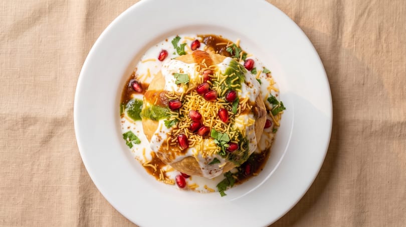Kachori chaat topped with yogurt, chutneys, sev, and pomegranate seeds on a white plate.