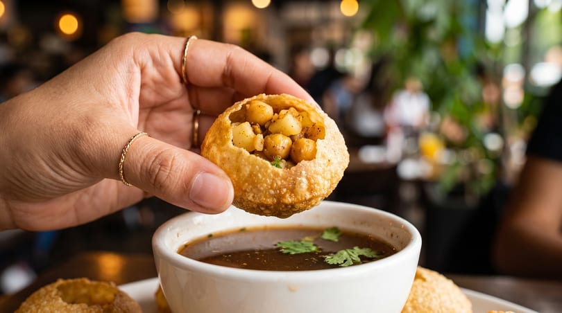 A hand holding a pani puri filled with chickpeas and potatoes, poised over a bowl of tamarind water.