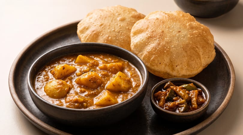 A bowl of potato curry, two fluffy puri breads, and a small dish of pickle on a dark plate.