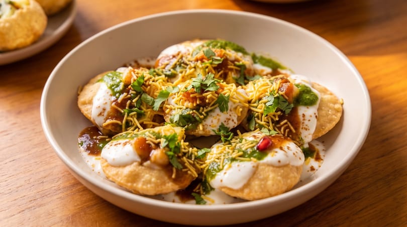 A close-up of a plate of Indian chaat, with crispy puris topped with yogurt, chutneys, and sev.