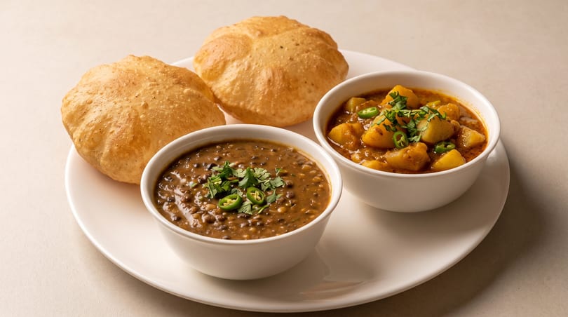Two bowls of Indian curries, one with potatoes and one with lentils, served with two puffed breads.