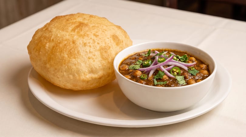A golden-brown puri bread next to a bowl of chana masala garnished with red onions and cilantro.