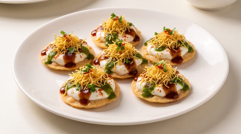 Six crispy Indian chaat bites topped with yogurt, green chutney, tamarind sauce, and sev.
