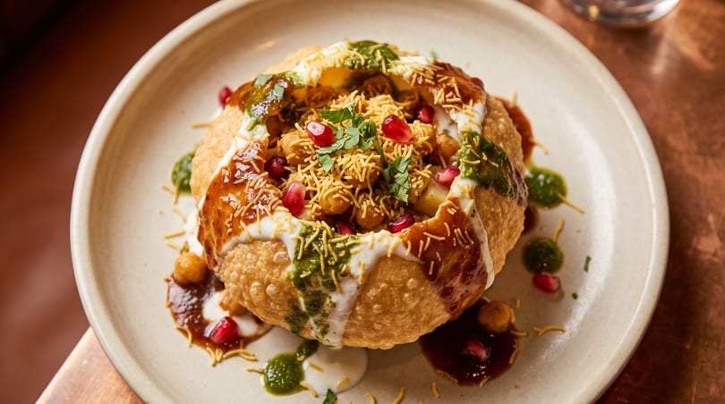 A large, golden fried puri filled with chickpeas, sauces, pomegranate seeds, and sev.