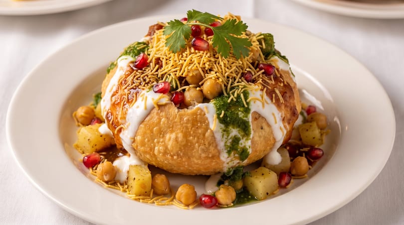 Katori chaat, a crispy edible bowl filled with chickpeas, potatoes, chutneys, yogurt, and pomegranate.
