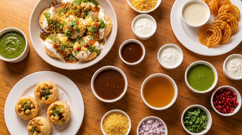 An overhead view of various Indian street food dishes and condiments on a wooden table.