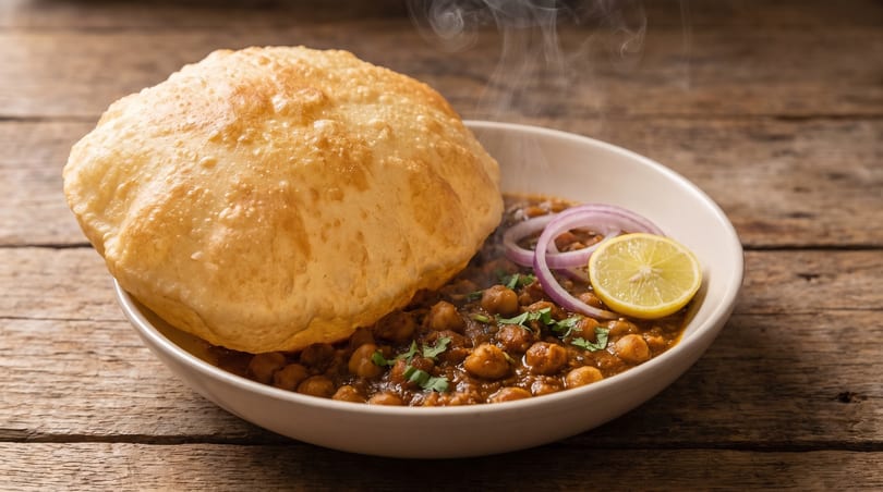 Steaming chole bhature, a fried bread with chickpea curry, garnished with onion and lemon.